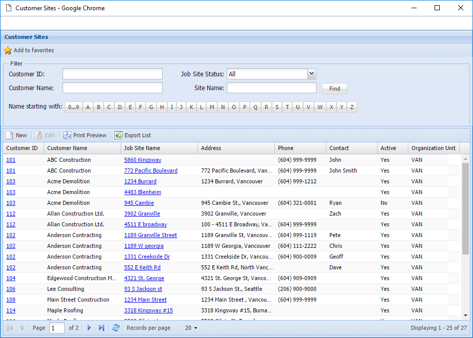 Customer Job Site Listing