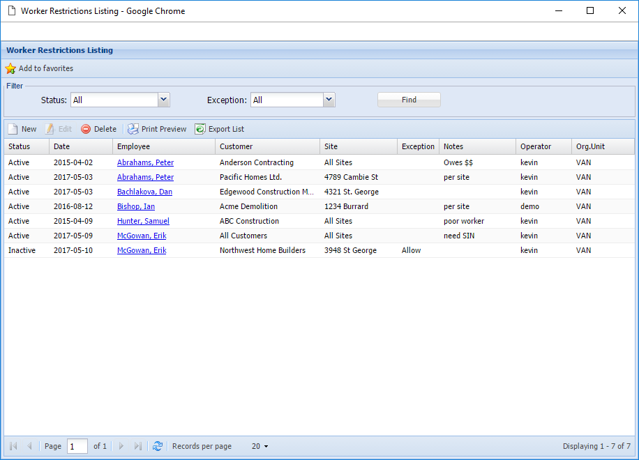 Worker Restrictions listing