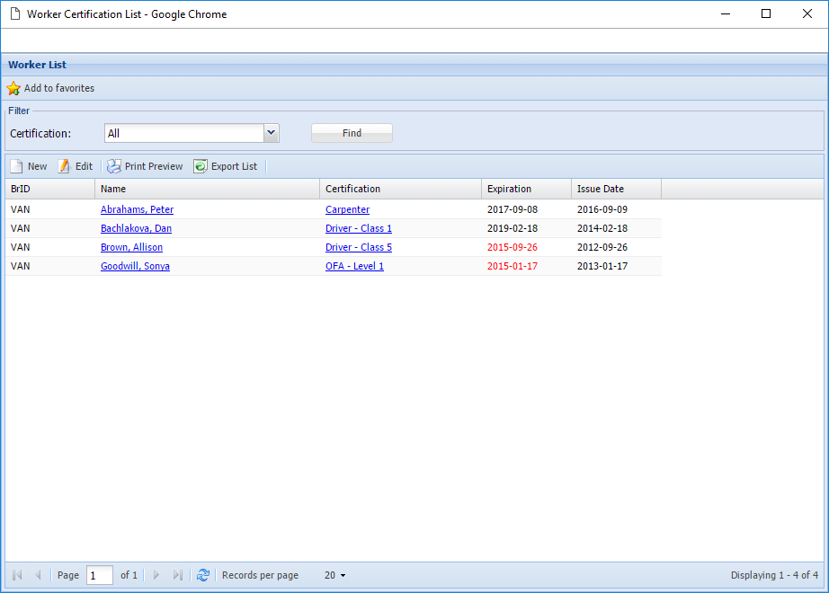 Worker Certification listing